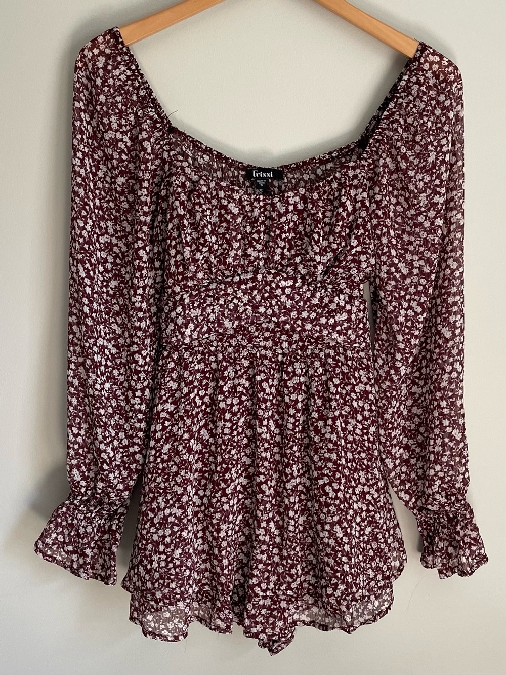 Trixxi Burgundy and White Floral Smocked Long-Sleeve Romper with Ruffles